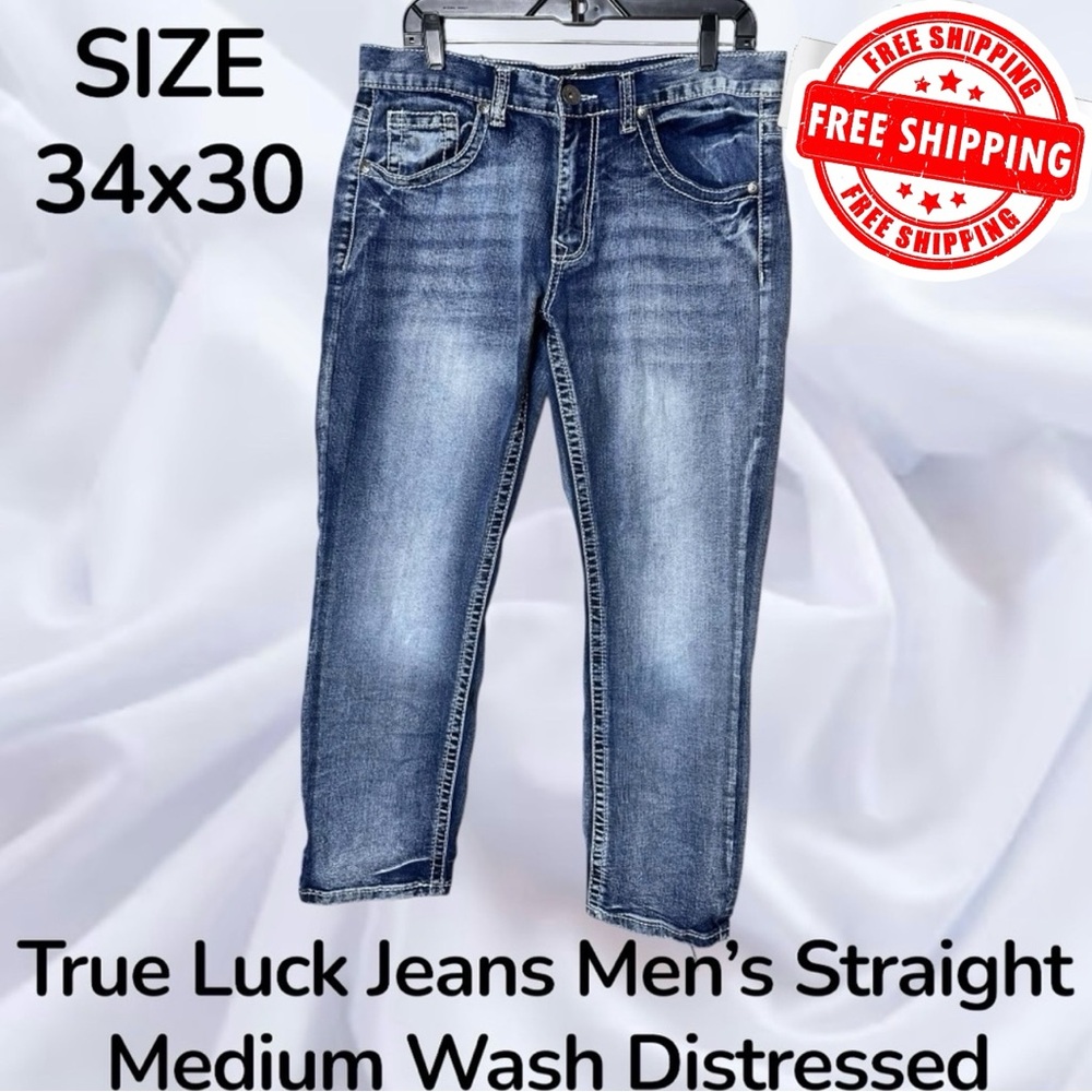 True Luck Jeans Mens 34x30 Straight Medium Wash Distressed FREE SHIPPING